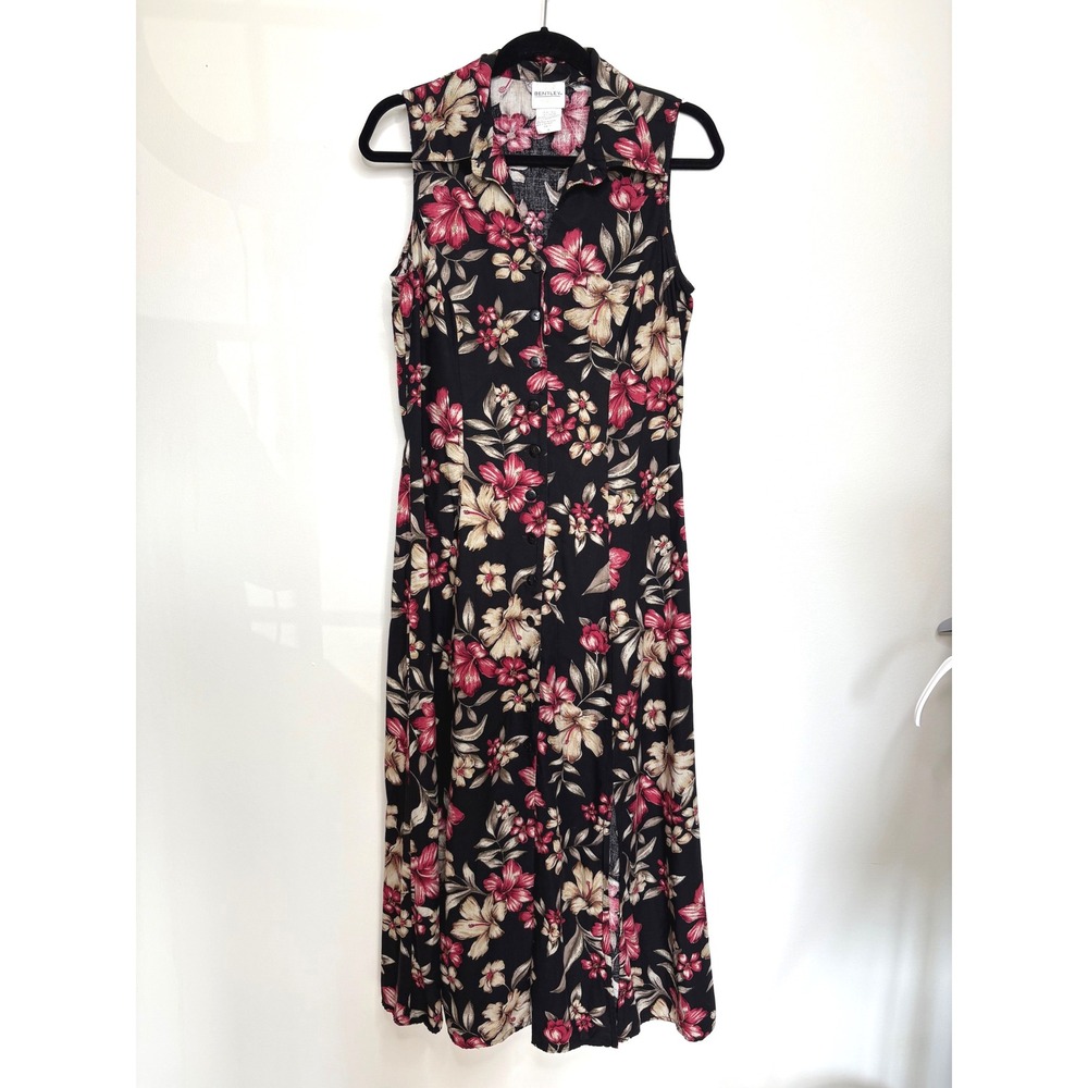 Vintage 90s Bentley Floral Maxi Dress Sleeveless Button Front Black Pink Size 14